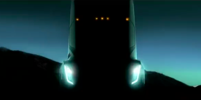 Teaser của Tesla về mẫu xe tải điện sẽ ra mắt tháng 10 tới đây. Ảnh: BI