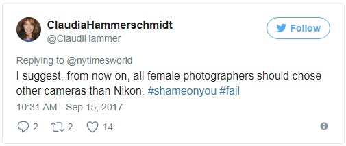 
Tôi nghĩ từ giờ các nhiếp ảnh gia nữ nên tẩy chay camera của Nikon đi thì hơn.
