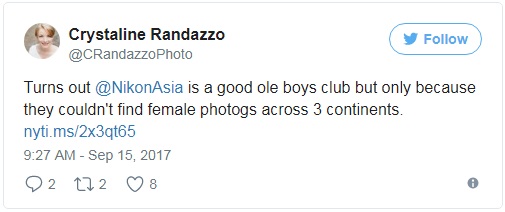 
Có vẻ @NikonAsia là dành riêng cho nam giới rồi, vì dù đi khắp 3 lục địa khác nhau,

họ cũng không thể tìm được bất cứ nhiếp ảnh gia nữ nào cả!
