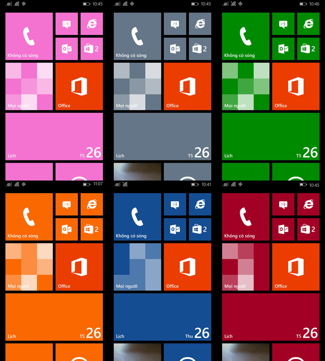 Người dùng có thể tùy ý thay đổi màu sắc xuyên suốt các thành phần giao diện của Windows Phone dựa trên sở thích cá nhân