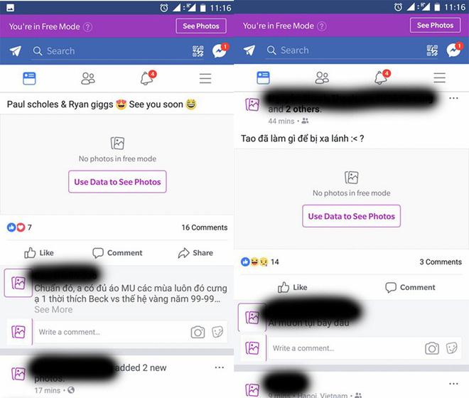 
Giao diện của Facebook sau khi bật chế độ FreeMode
