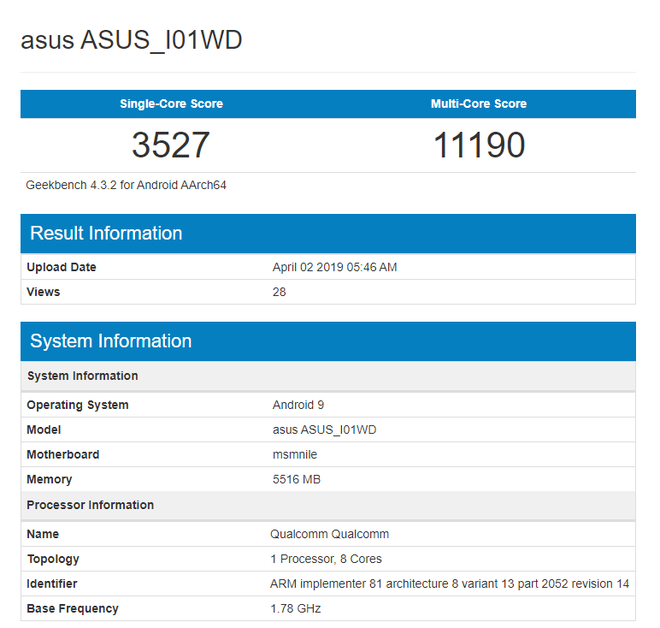 Asus Zenfone 6z xuất hiện trên Geekbench, chip Snapdragon 855, 6GB RAM, ra mắt giữa tháng 5 - Ảnh 1.