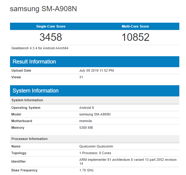Samsung Galaxy A90 xuất hiện trên Geekbench, xác nhận dùng chip Snapdragon 855 - Ảnh 1.