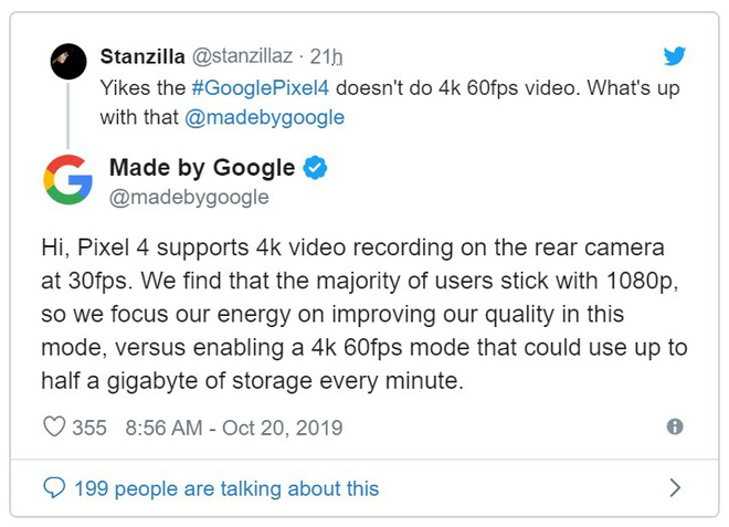 Google giải thích lý do không hỗ trợ quay video 4K 60fps trên Pixel 4 - Ảnh 1.