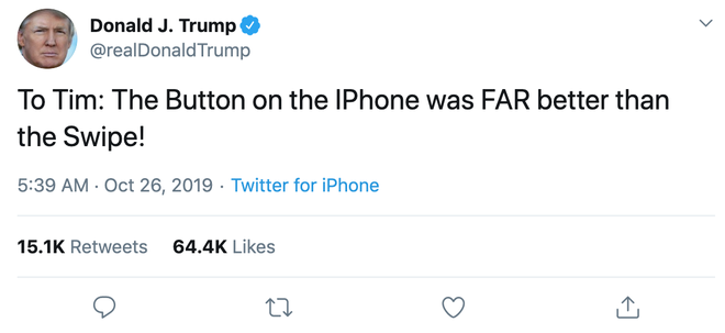 Tổng thống Donald Trump chê iPhone đời mới, nói rằng nút Home vật lý tốt hơn cử chỉ vuốt - Ảnh 1.