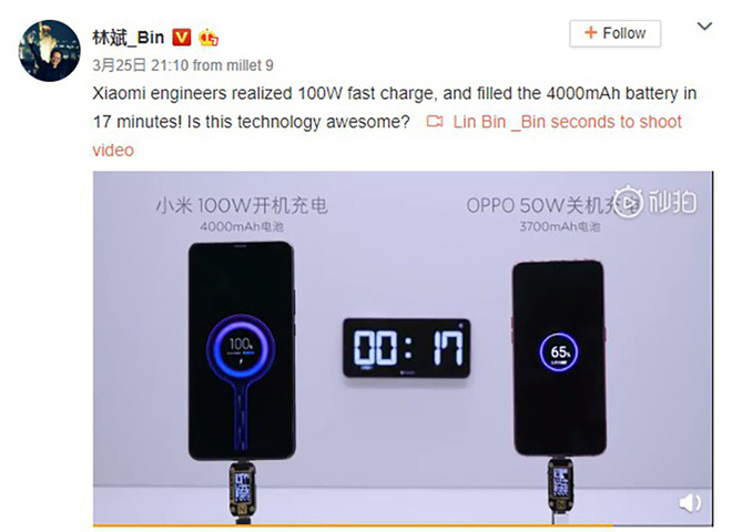 Công nghệ sạc siêu nhanh 100W của Xiaomi đã sẵn sàng thương mại hóa, sạc đầy pin 4000mAh chỉ trong 17 phút - Ảnh 1.