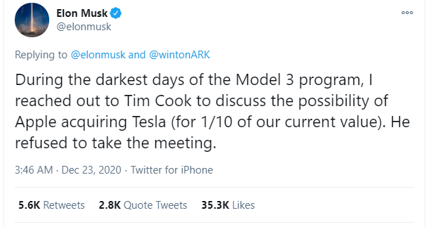 Elon Musk từng định bán Tesla cho Apple nhưng CEO Tim Cook còn chẳng buồn gặp - Ảnh 1.