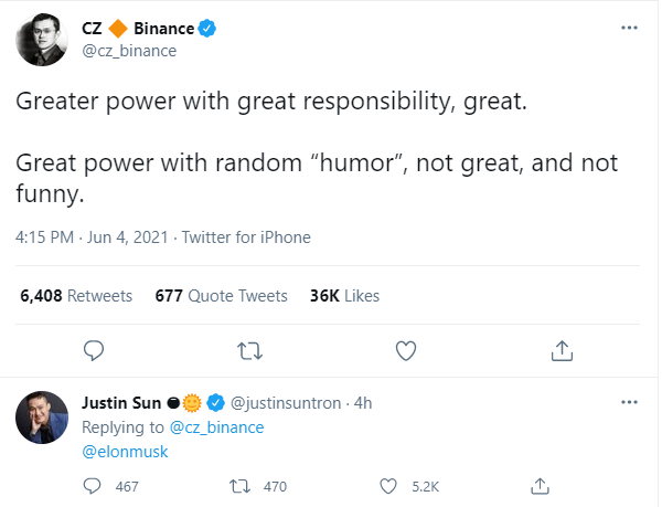 Nóng mắt vì dòng tweet dìm giá Bitcoin, CEO sàn Binance nhắn nhủ Elon Musk: Làm người khác mất tiền không vui chút nào, đó là vô trách nhiệm - Ảnh 1.