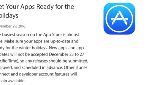 Apple công bố kỳ nghỉ lễ hàng năm của iTunes Connect cho các nhà phát triển, năm nay là từ ngày 23/12/2016 đến 27/12/2016