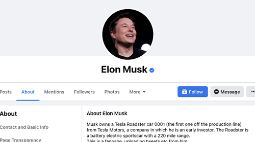 Facebook cấp tích xanh cho fanpage Elon Musk không phải chính chủ